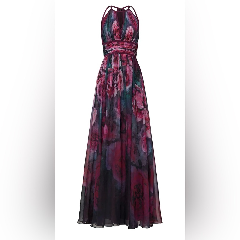 Marchesa Notte Plum Floral Chiffon Maxi Dress